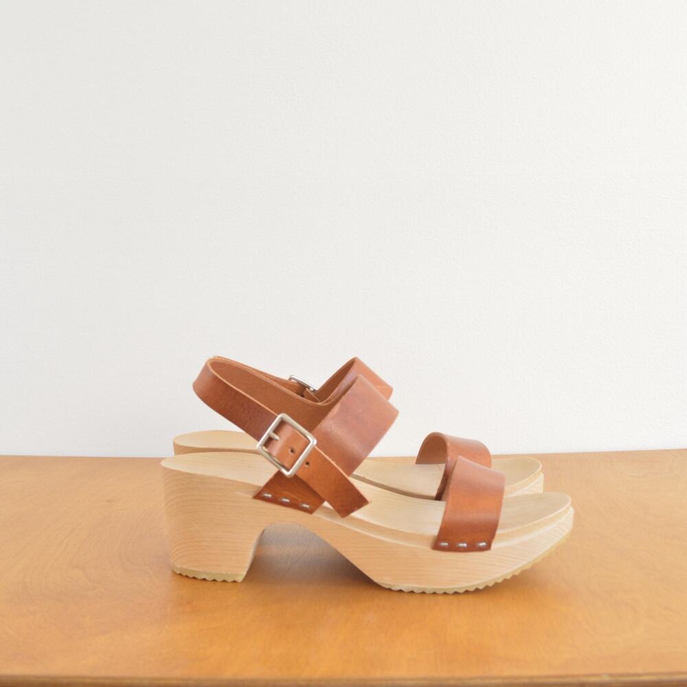 simple two strap wooden and leather clog heels